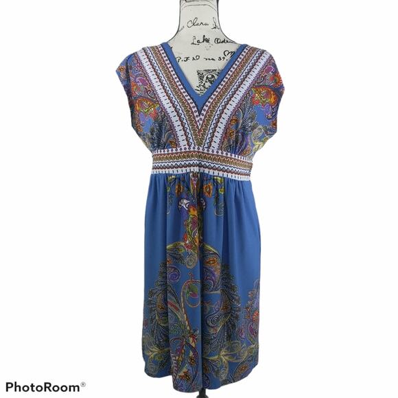 Kiara Blue Paisley Print Boho Festival V Neck Dress - Picture 1 of 7